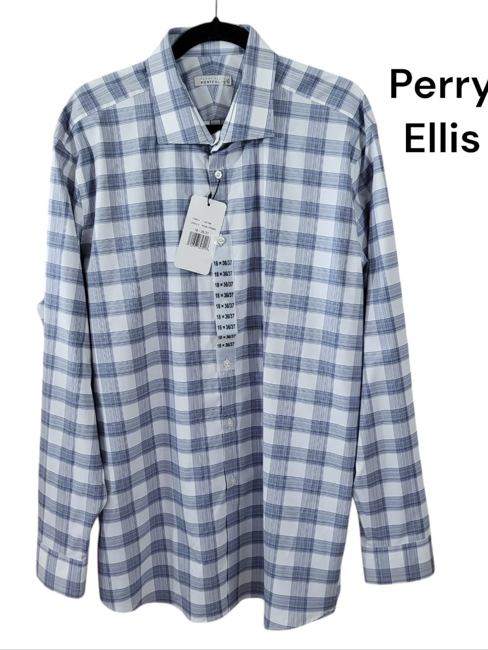 *Perry Ellis - Men's  dress shirt Blue and White, Size 18 X 36, Long Sleeve, NWT